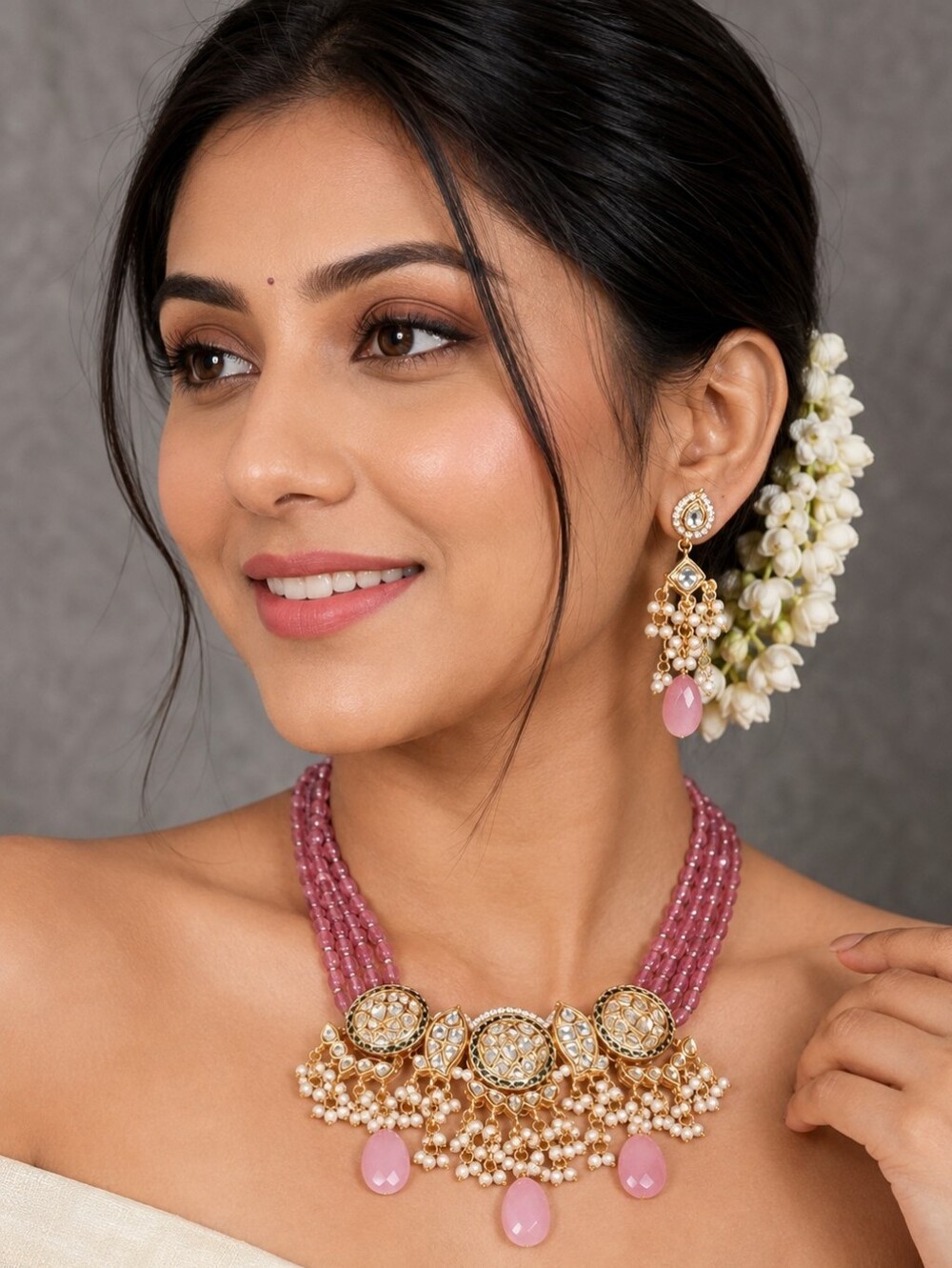 Pink beads Kundan Gold Plated Choker Set with Pearl Drop Earrings